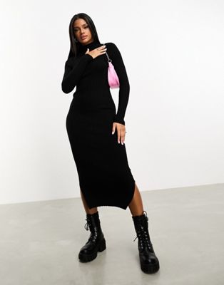 Threadbare Autumn high neck ribbed knitted midaxi dress in black