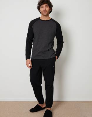 Threadbare 'baddaway' cotton blend contrast sleeve pyjama set in black