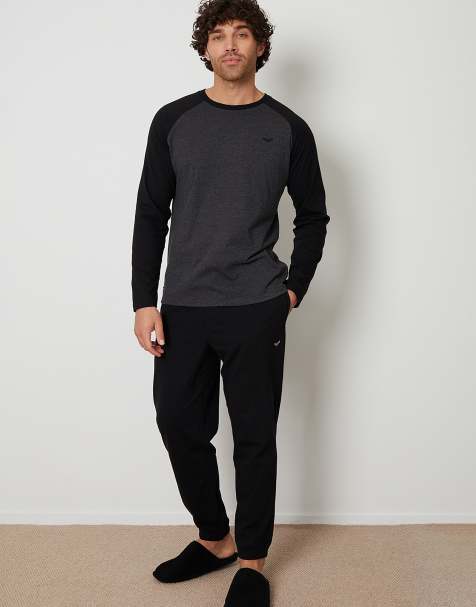 Threadbare 'baddaway' cotton blend contrast sleeve pyjama set in black - view 1