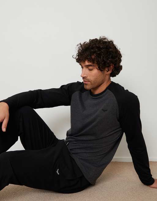 Threadbare 'baddaway' cotton blend contrast sleeve pyjama set in black, 4 of 4