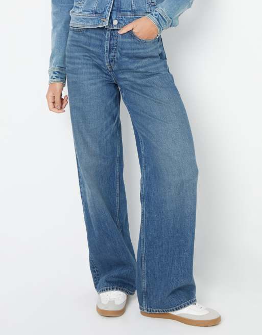 Threadbare Baggy wide leg jeans in mid blue
