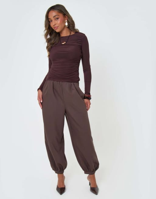 Threadbare Balloon trousers with button cuffs in brown, 2 of 5