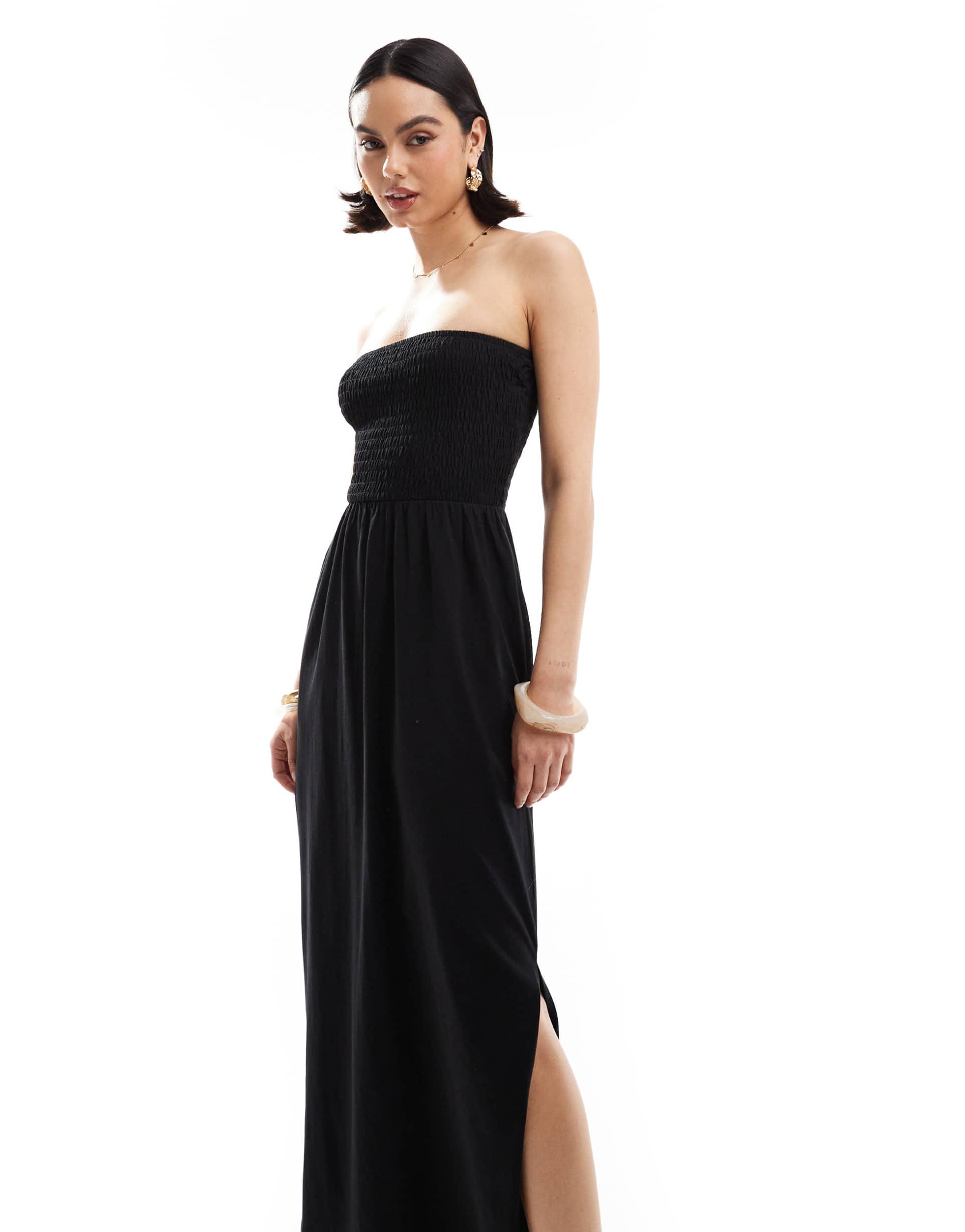 threadbare bandeau midi dress with shirred bust in black