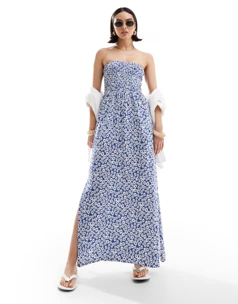 Threadbare bandeau midi dress with shirred bust in blue floral print  - view 1