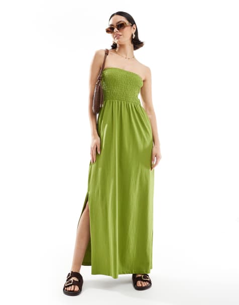 Threadbare bandeau midi dress with shirred bust in olive green - view 1