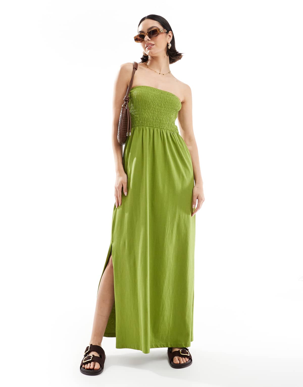 Threadbare bandeau midi dress with shirred bust in olive green