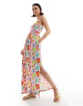 [Threadbare] Threadbare bandeau midi dress with shirred bust in postcard print-Multi 8 MULTI