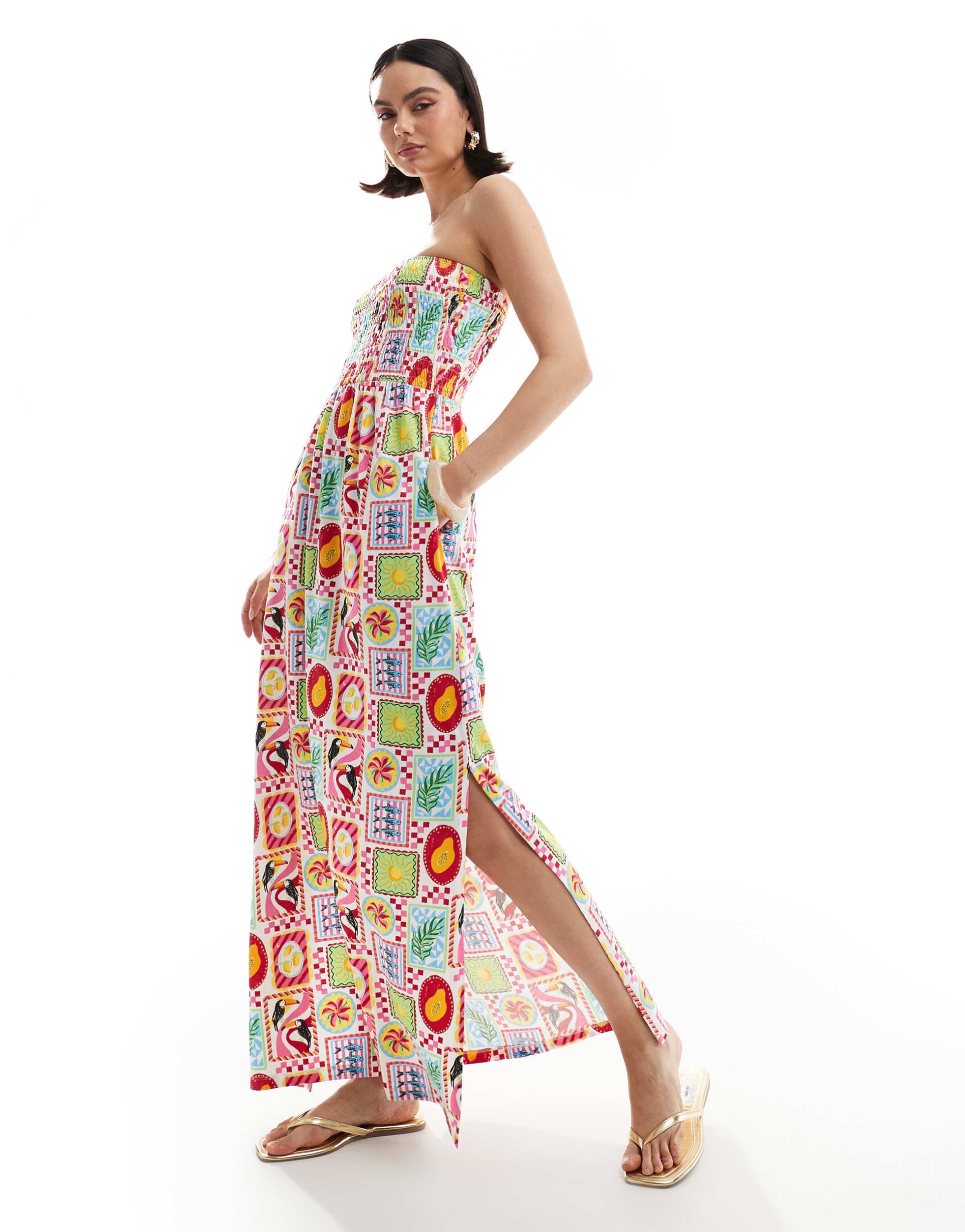 threadbare bandeau midi dress with shirred bust in postcard print