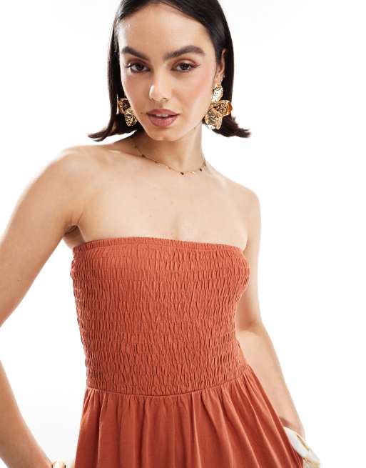 Threadbare bandeau midi dress with shirred bust in rust ASOS