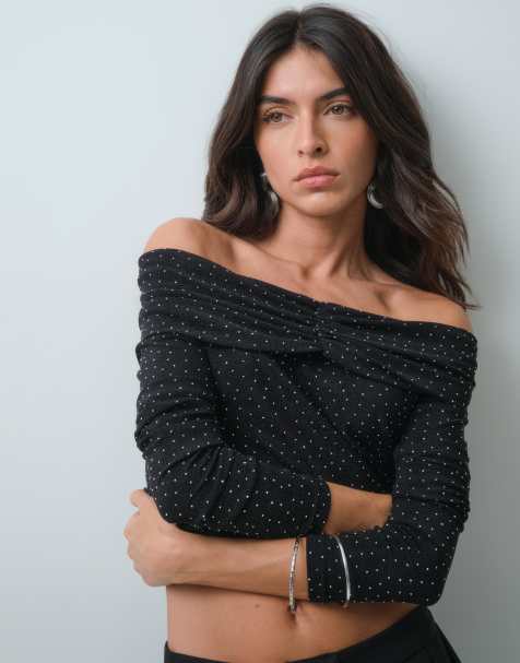 Threadbare bardot long sleeve top with hot fix detail in black - view 1