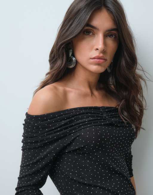 Threadbare bardot long sleeve top with hot fix detail in black, 2 of 5