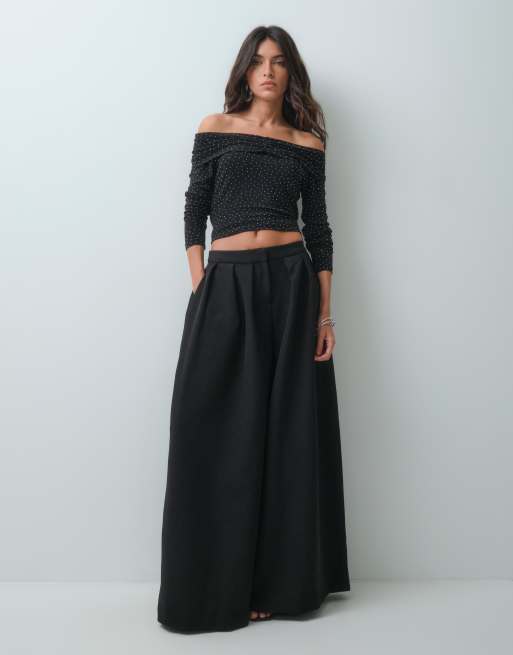 Threadbare bardot long sleeve top with hot fix detail in black, 3 of 5