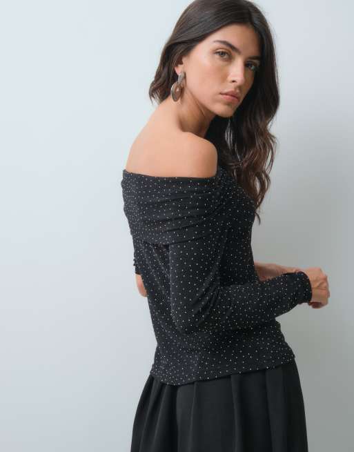 Threadbare bardot long sleeve top with hot fix detail in black, 5 of 5