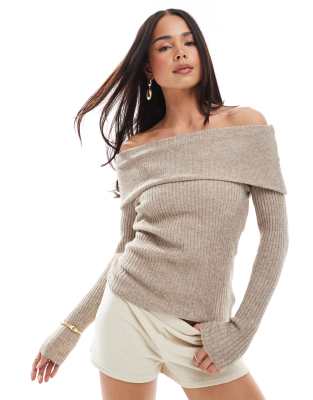 Threadbare bardot off shoulder jumper in light brown ASOS