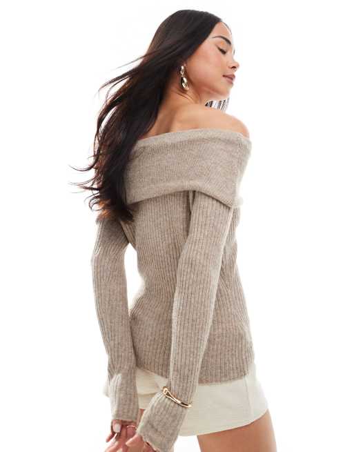 Threadbare bardot off shoulder jumper in light brown