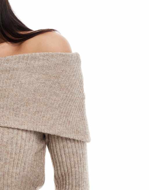 Threadbare bardot off shoulder jumper in light brown