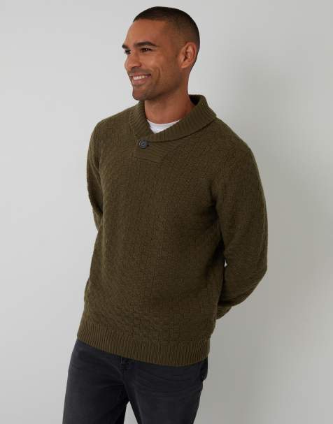 Threadbare Basket stitch shawl neck jumper with wool in khaki - view 1