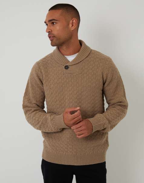 Threadbare Basket stitch shawl neck jumper with wool in natural - view 1