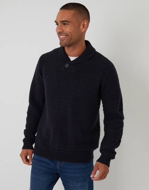 Threadbare Basket stitch shawl neck jumper with wool in navy - view 1
