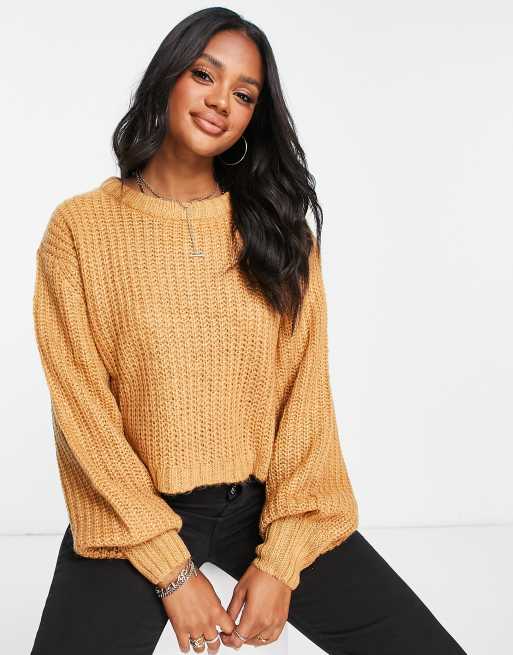 Threadbare Bea crew neck cropped jumper in camel | ASOS