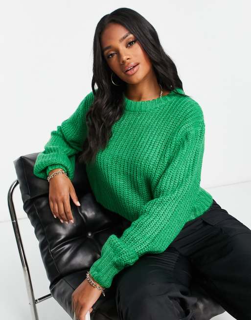 Threadbare Bea crew neck cropped sweater in bright green ASOS