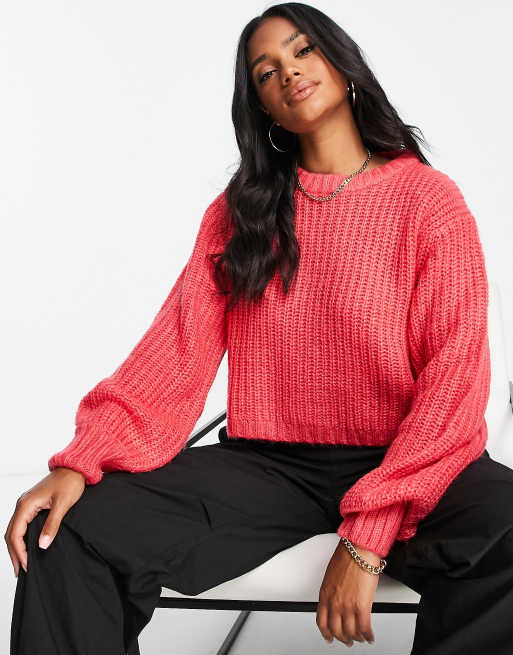 Threadbare Bea crew neck cropped sweater in bright pink | ASOS