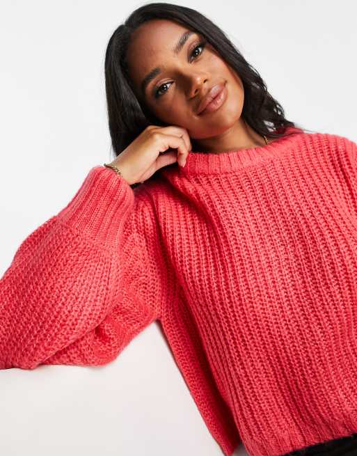 Threadbare Bea crew neck cropped sweater in bright pink | ASOS