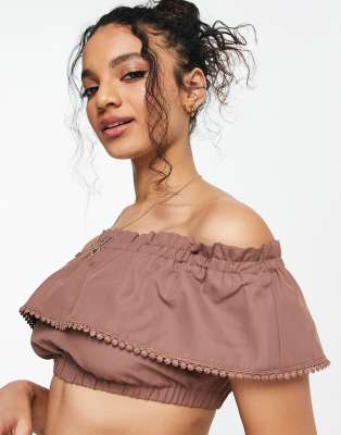 Threadbare beach ruffled skirt and crop top co-ord in chocolate-Brown
