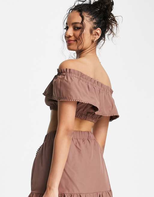 Threadbare beach ruffled skirt and crop top co-ord in chocolate, 2 of 4