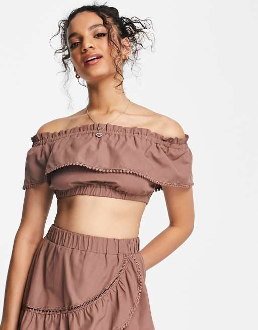 Threadbare beach ruffled skirt and crop top co-ord in chocolate, 3 of 4