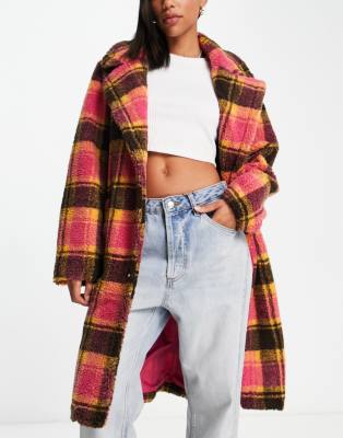 Threadbare Bear oversized borg coat in black and pink plaid