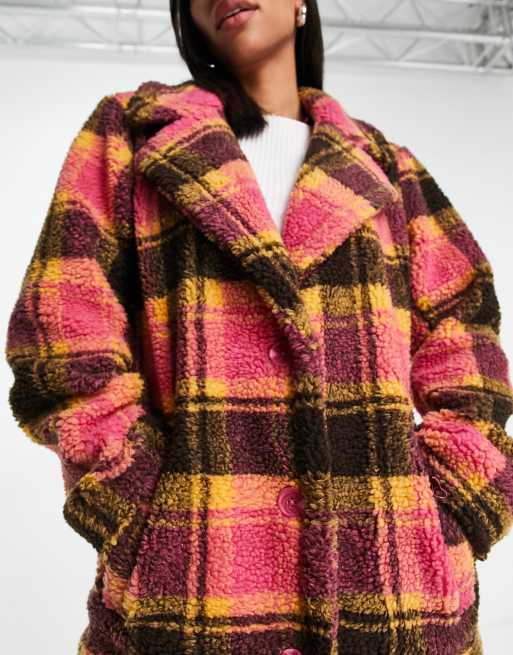 Threadbare Bear oversized borg coat in black and pink plaid