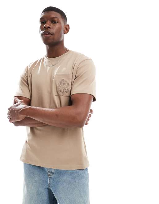 Threadbare - Beige kortærmet T-shirt på 200 gsm med lomme med broderi, 2 af 4