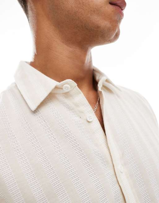 Threadbare - Beige og hvid kortærmet skjorte med striber, 2 af 4