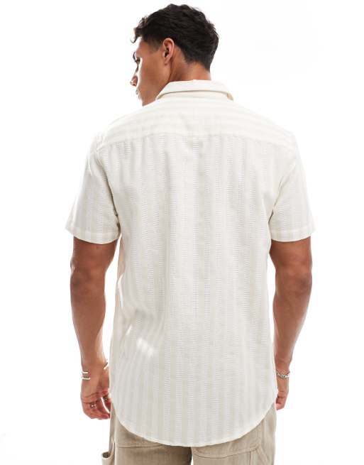 Threadbare - Beige og hvid kortærmet skjorte med striber, 4 af 4