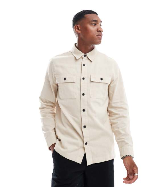 Threadbare - Beige og langærmet skjorte med utility-lommer i hørblanding, 2 af 4