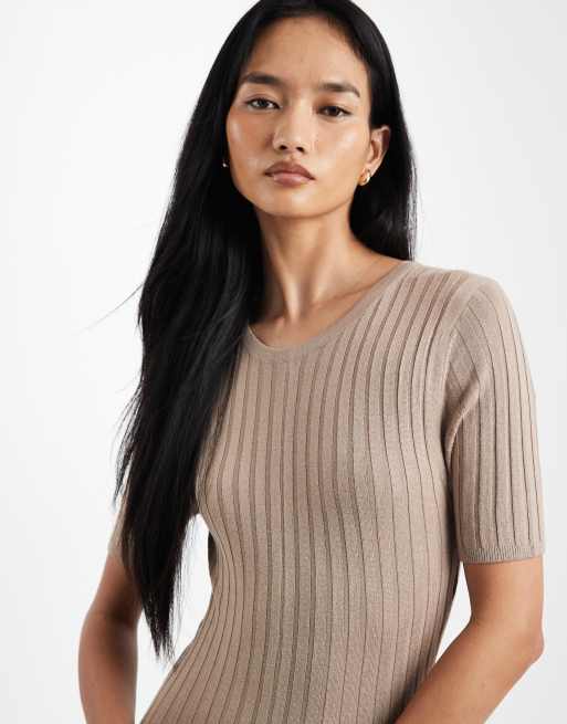 Threadbare – Beige, stickad maxiklänning med korta ärmar, 3 av 4