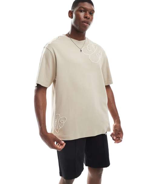 Threadbare - Beige T-shirt med broderet detalje i bomuld på 200 gsm - view 1