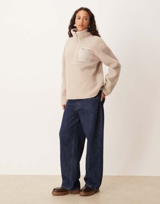 Threadbare – Beige tröja i teddyfleece med 1/4-lång dragkedja och ficka, 2 av 4