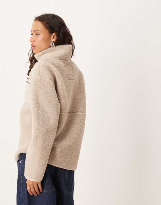 Threadbare – Beige tröja i teddyfleece med 1/4-lång dragkedja och ficka, 3 av 4