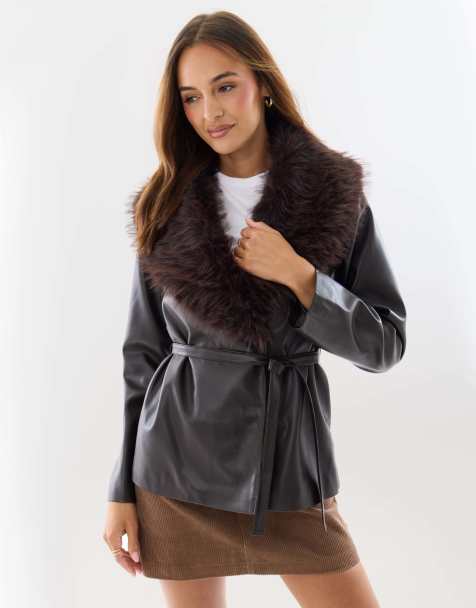 Threadbare Belted faux fur collar jacket in chocolate brown - view 1