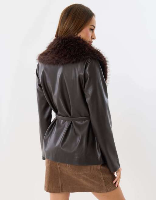 Threadbare Belted faux fur collar jacket in chocolate brown, 2 of 4
