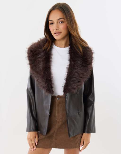 Threadbare Belted faux fur collar jacket in chocolate brown, 3 of 4