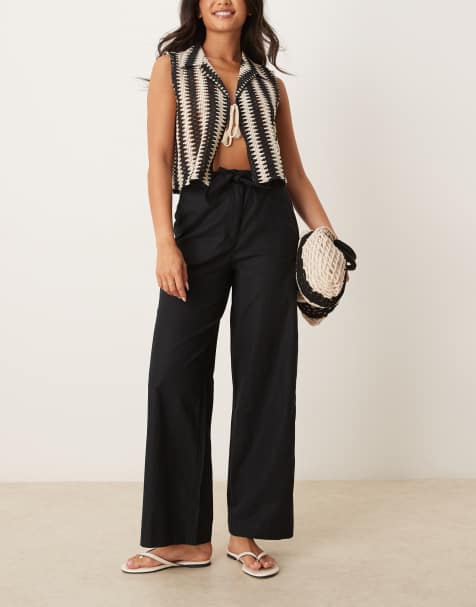 Threadbare Belted linen blend wide leg trousers in black - view 1