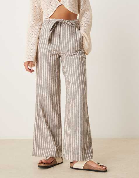 Threadbare Belted linen blend wide leg trousers in brown - view 1