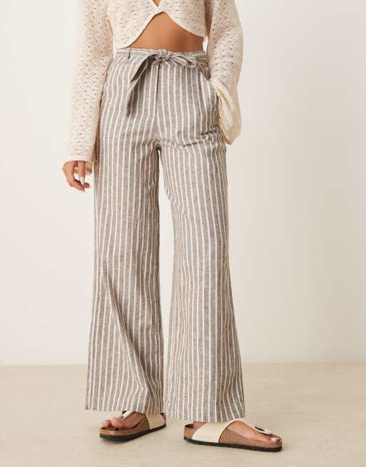 Threadbare Belted linen blend wide leg trousers in brown