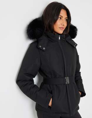 Threadbare Belted Padded Ski Jacket In Black