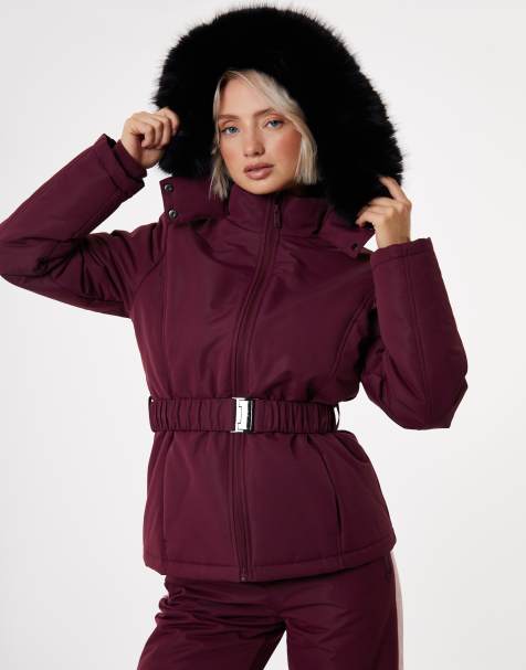Threadbare Belted padded ski jacket in wine - view 1