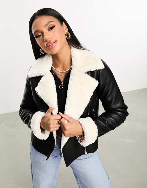 Black leather jacket 2024 with white fur