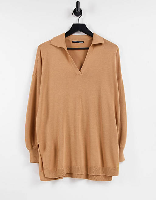 Threadbare Beth oversized knitted polo top in tan